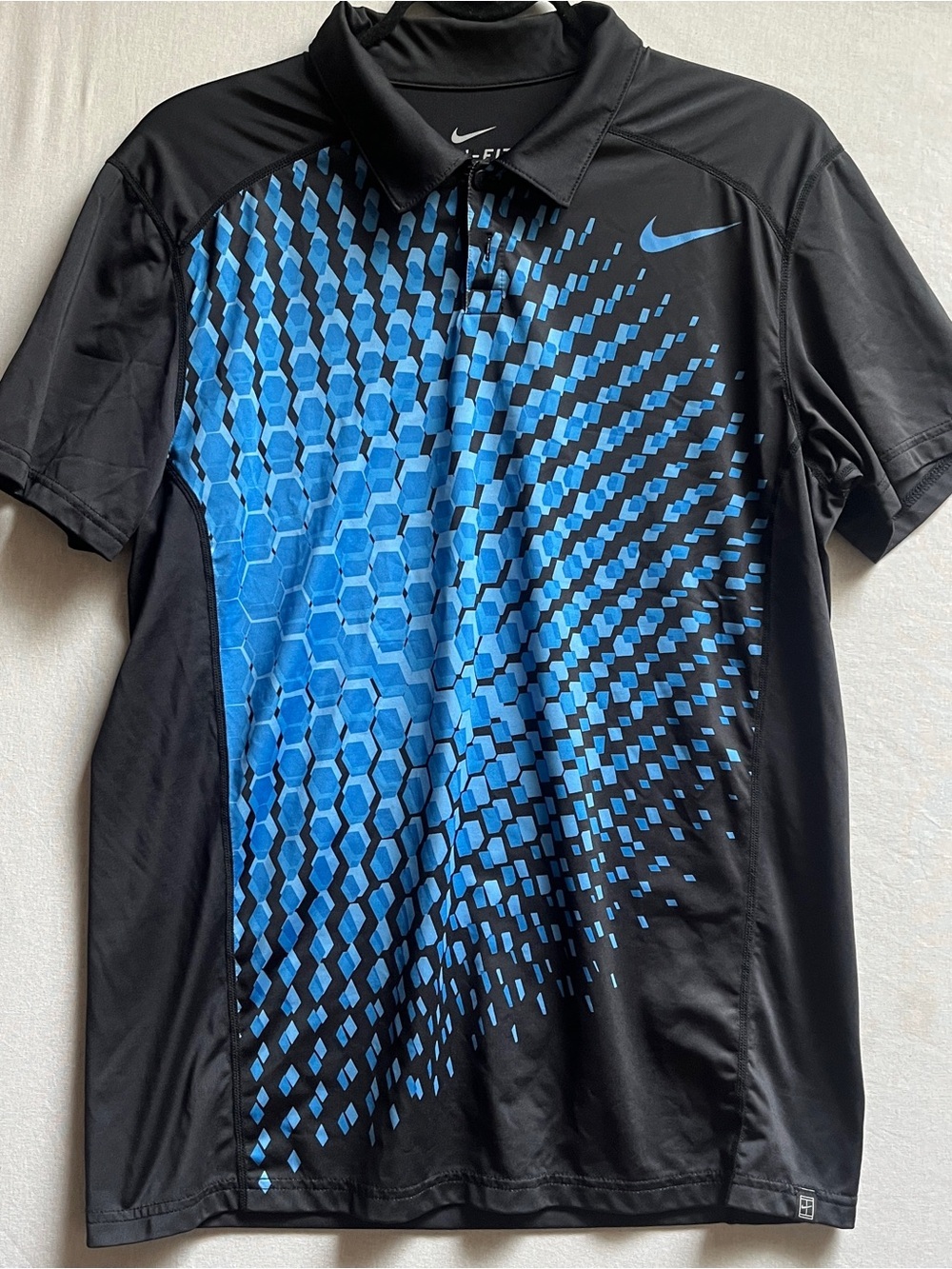 Nike Mens Black Blue Dri-FIT Geometric Pattern Front Golf Polo Shirt M
